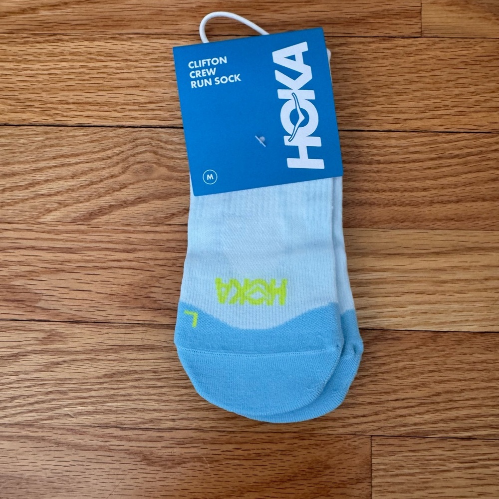 Hoka White and Light Blue Clifton Crew Socks- New, Medium